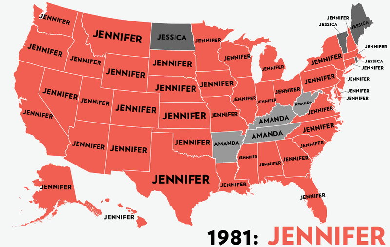 Illustration for article titled Map: Six Decades of the Most Popular Names for Girls, State-by-State